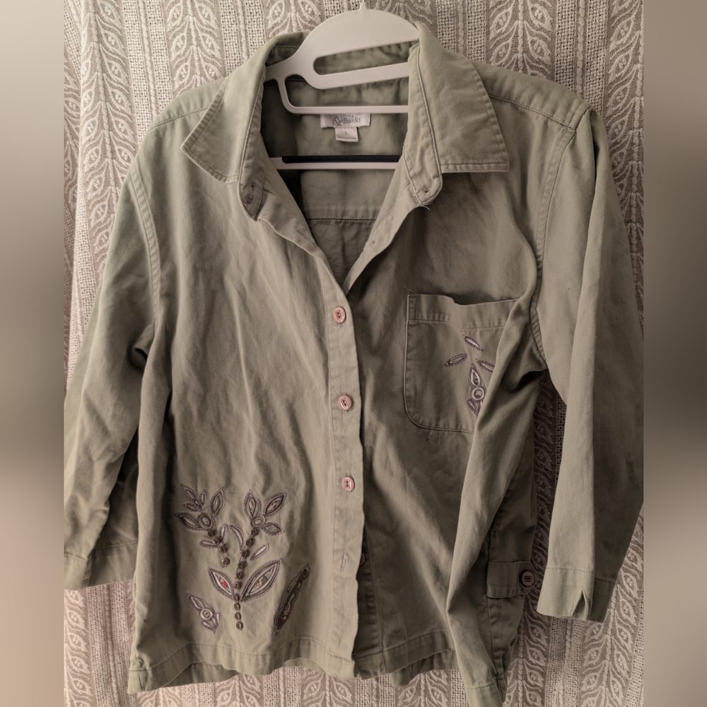Vintage Christopher & Banks Sage Green Embroidered Blouse